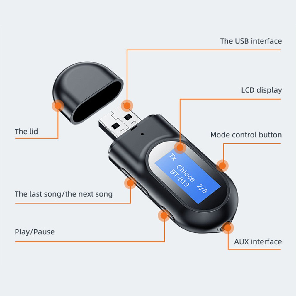 Wireless 5.0 Receiver LCD Display Audio Receiver Transmitter USB Dongle 3.5MM 3.5 AUX Wireless Adapter For TV PC