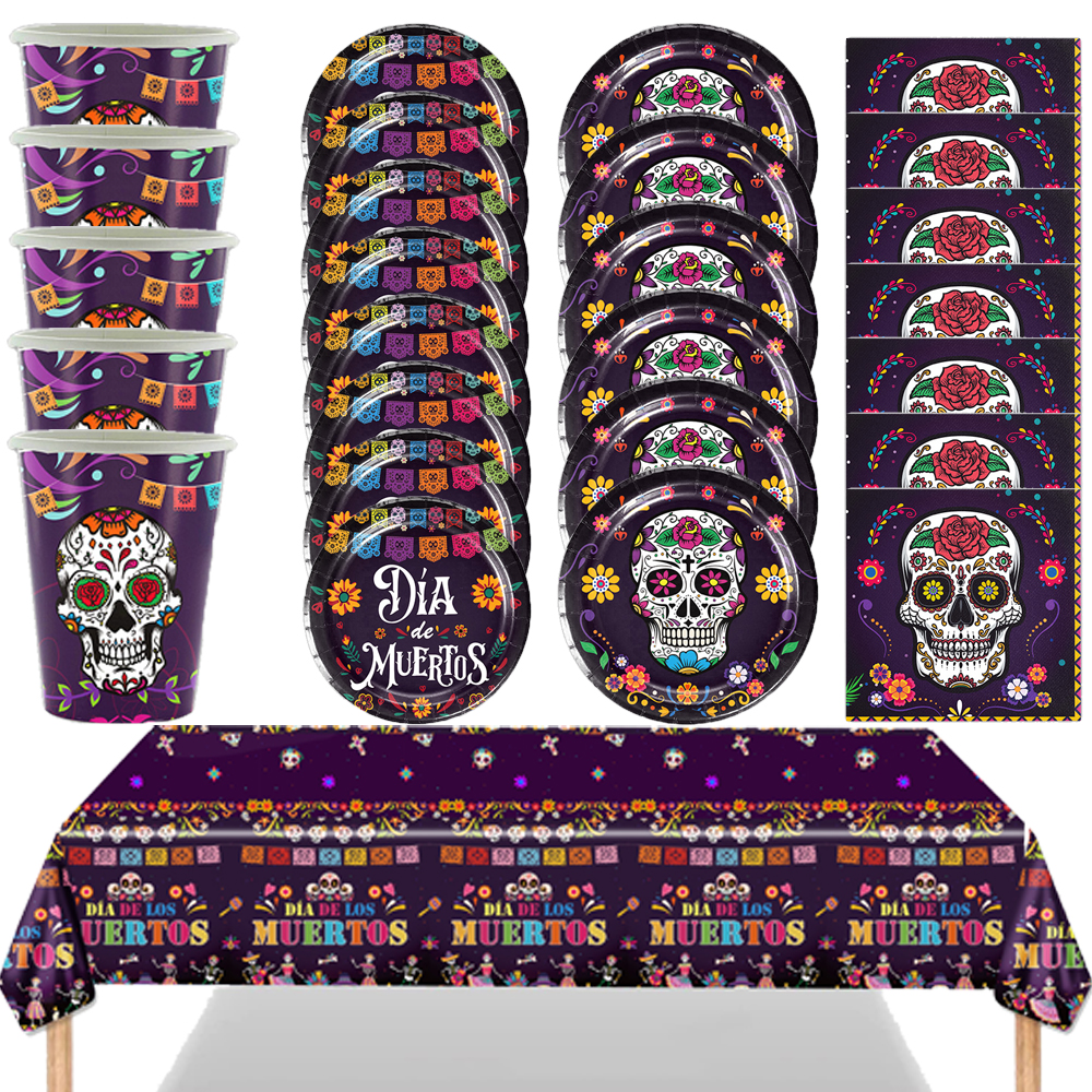 Decoraciones de cumpleaños con tema del Día de los Muertos, vajilla desechable para , servilletas de papel, vasos, platos, manteles, paja