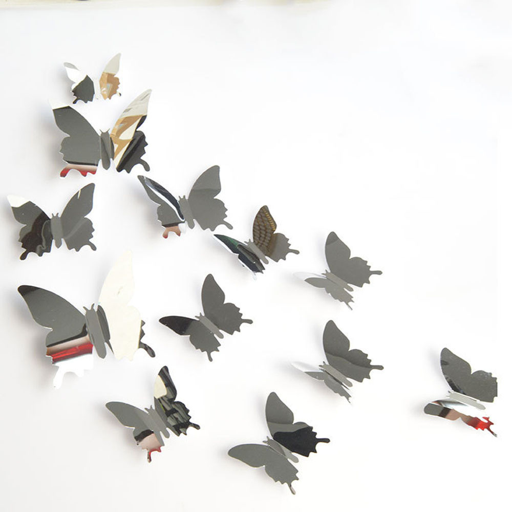 Pegatinas de pared plateadas con mariposas para decoración del hogar, dormitorio, decoración para sala de estar, arte 3D, 12 Uds.