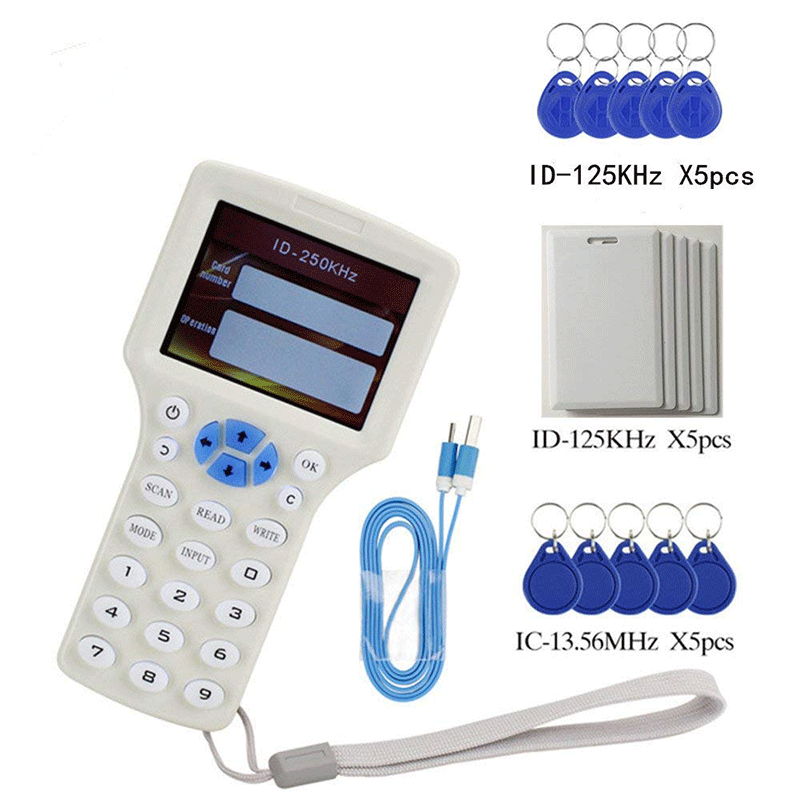 Lector de fotocopiadora de tarjetas RFID, duplicador escritor inglés, programador de frecuencia 10, ID de tarjetas IC + 5 uds. De tarjetas de identificación y llavero + 5 uds. De tarjetas UID: 08CD-SUIT