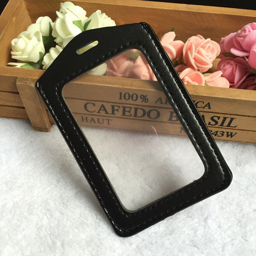 ID PU Leather Card Holders Horizontal Vertical Style Badge Case Clear with Color Border and Lanyard Holes School Stationery: Black