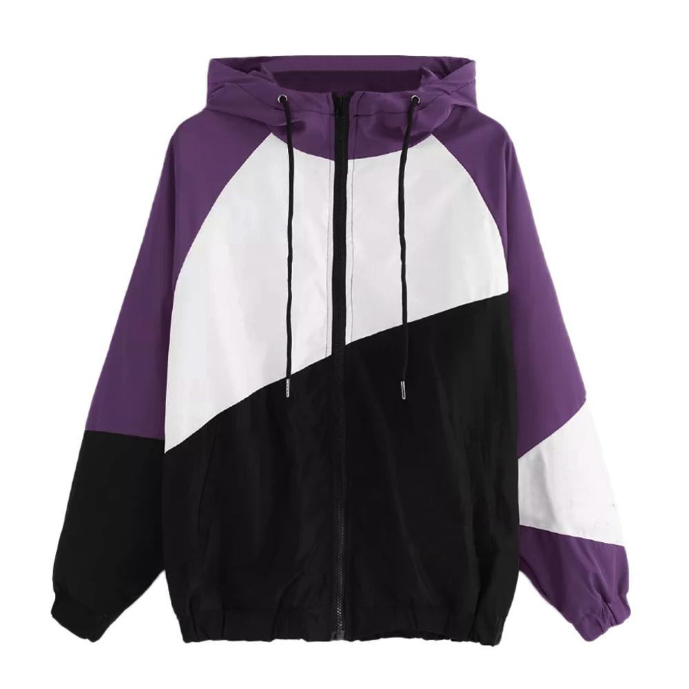 Frauen Sport jacken Langarm Patchwork Beiläufige Dünne Mit Kapuze Mantel Mit Tasche Damen Neue Fitnessstudio Reißverschluss Sweatshirts Für: dunkel Violett / M