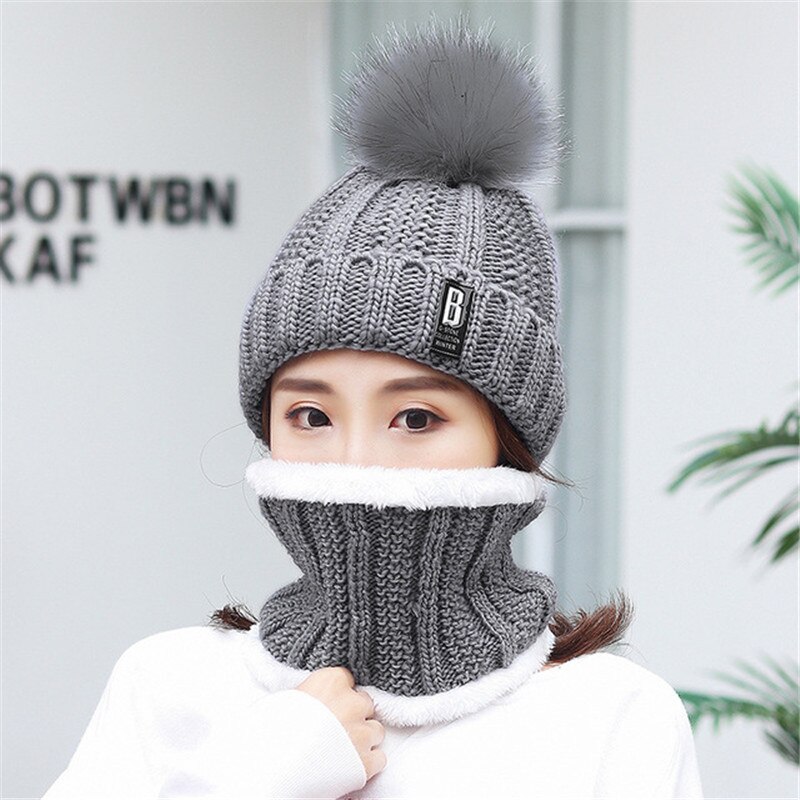 Frauen Dicke Kabel Stricken Hut Schal Weibliche Mützen Plüsch Hut Und Ring Schal Winter Warme Frau Dame Pom Pom kappe Schals Rosa: Gray Hat Scarf