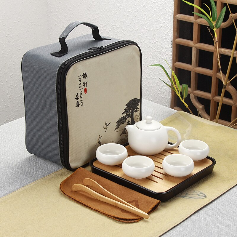 Portable Chinese Travel Kung Fu Tea Set Ceramic Teapot Porcelain Teaset Gaiwan Tea Cups of Tea Ceremony Tea Pot With Travel Bag: B-White