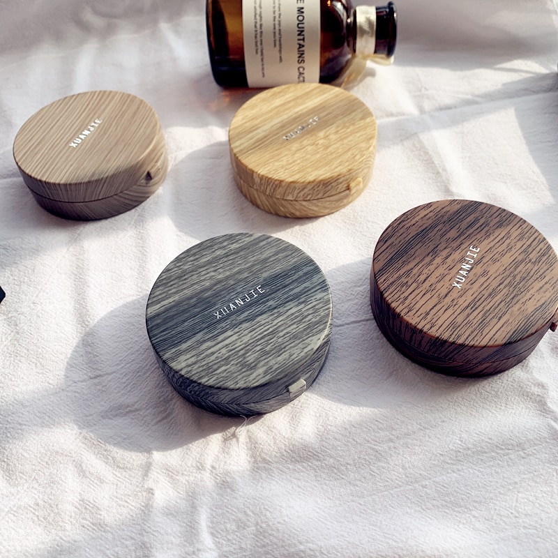 Natural series Round contact lens case with mirror storage box Lens container Imitation wood grainEye contacts case
