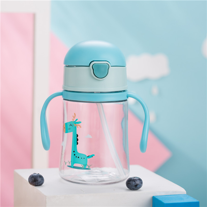 300ml schattige giraffen babybekers voor kinderen, kinderen leren eten, drinken, water, rietje, fles, mamadeira, tuitbeker, training, 3 kleuren: Blauw