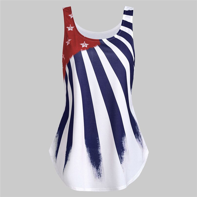 Camisetas a la para mujer, camiseta sin mangas con cuello redondo con estampado de bandera americana a rayas, camisetas de verano para la playa #2m19