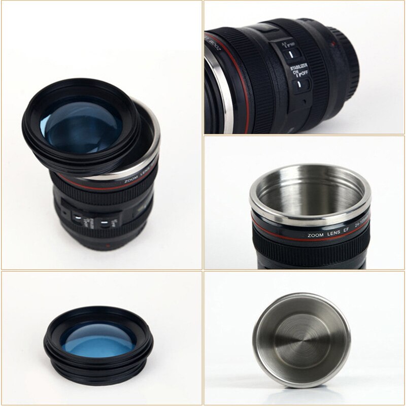 400 ml Rvs Camera Lens Mok Mok Met Deksel