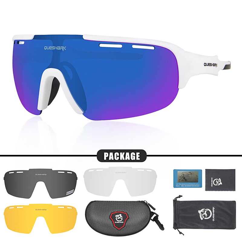 QUESHARK Fietsen Bril Gepolariseerde Fiets Bril Racing Eyewear Voor Mannen Vrouwen Sport Bril: White