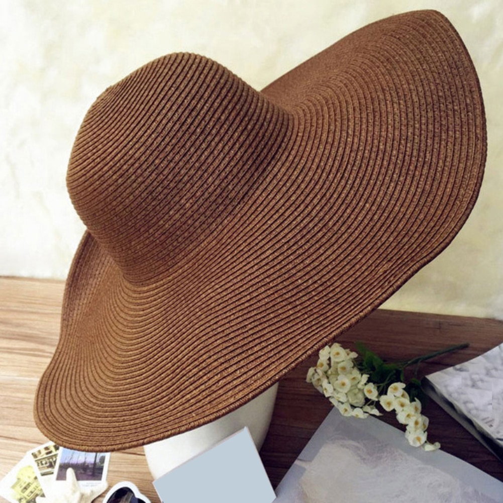 Sombrero Floppy Hawaiano de verano para mujer, gorro de paja de ala ancha de Color sólido