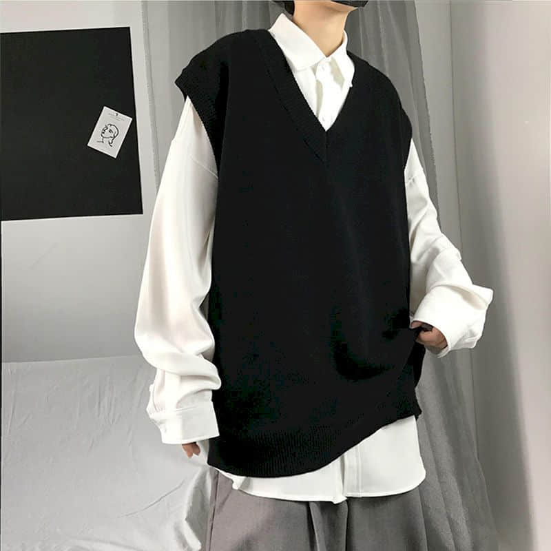 Suéter de punto para hombre, chaleco de Otoño de color sólido, tendencia de estilo coreano, holgado, con cuello en V, sin mangas, estilo universitario: Black / L