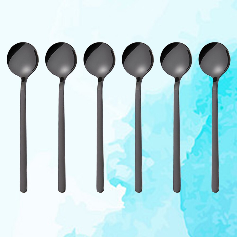 6 Pcs 13CM Spoons Stainless Steel Round Teaspoons Stirring Spoons for Sugar Coffee Dessert: Black