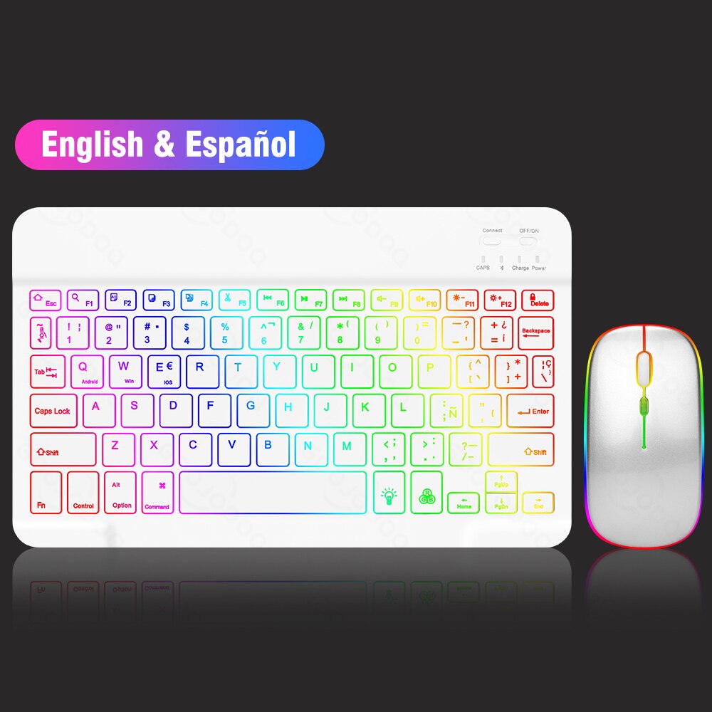 10inch Rainbow Backlit Keyboard For iPad Phone Tablet Bluetooth Keyboard For IOS Android Windows Wireless Keyboard and Mouse Set: Gradient White