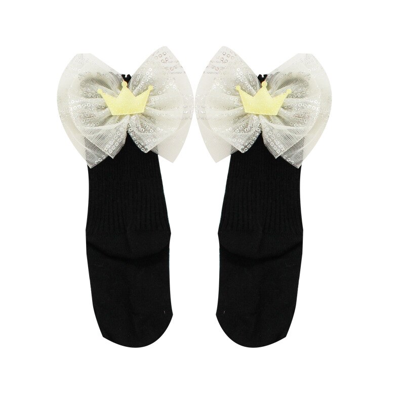 groß Bowknot Baby Socken Prinzessin Krone freundlicher Mädchen Kurze Socken Pailletten Frühling Herbst Baumwolle freundlicher Kleinkind Socken: Schwarz