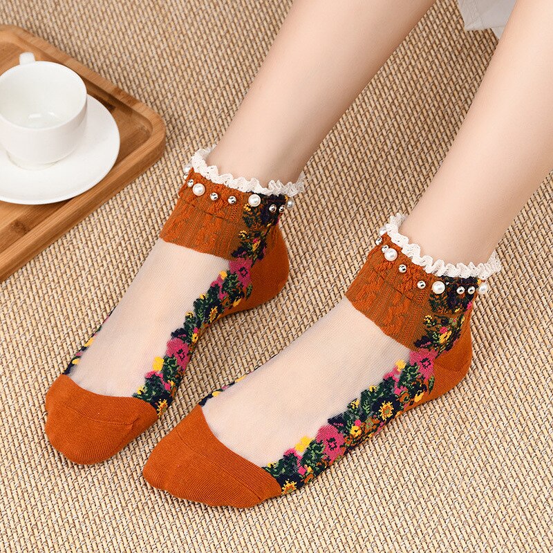 Spring Summer Retro Ankle Socks Pearl LIttle Floral Sock Mesh Patchwork Breathable Cotton Scck Cute Soft National style Hosiery