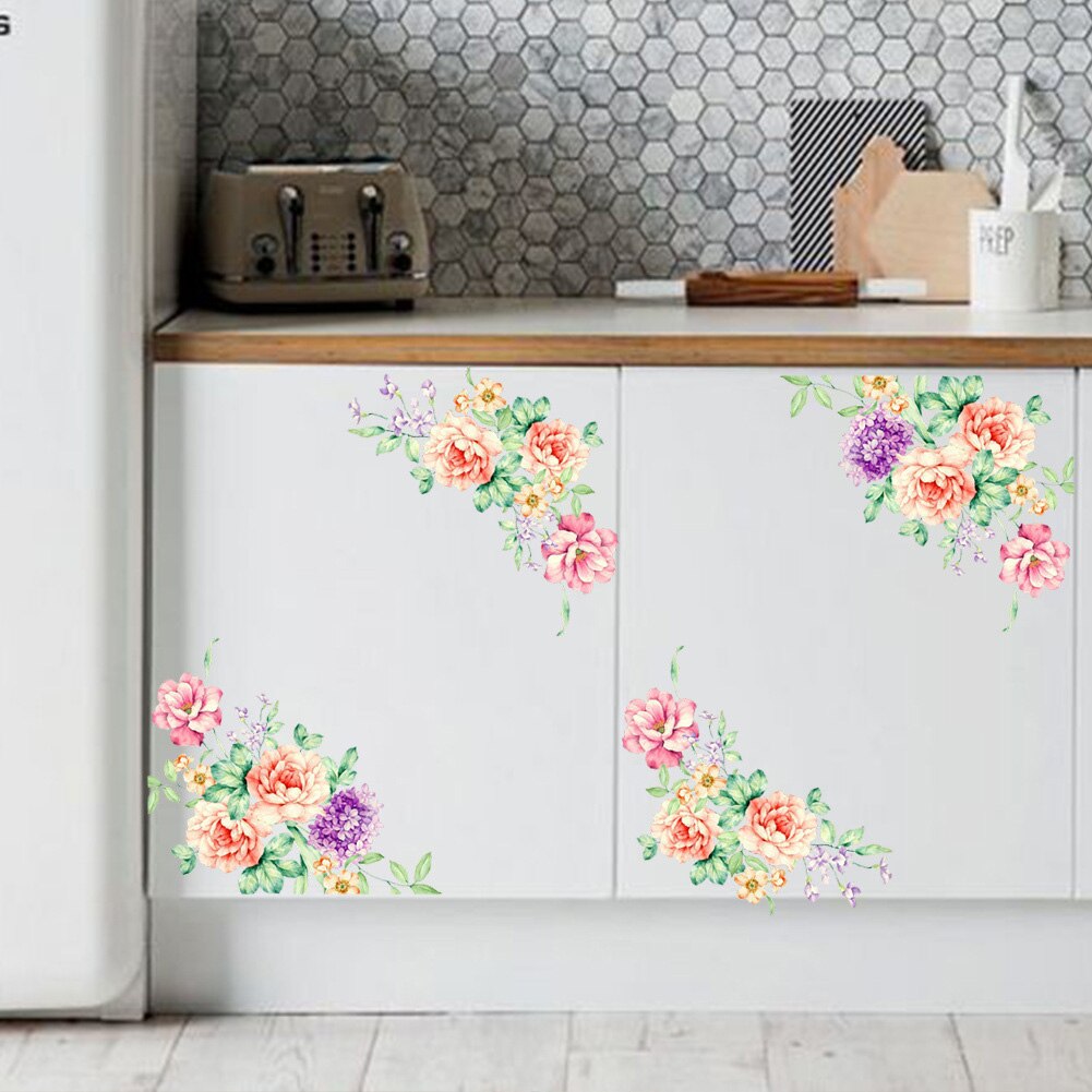 Pvc farverige blomster køleskab diy pæon blomst garderobe dekoration 3d smukke badeværelse selvklæbende væg klistermærke toilet mærkater