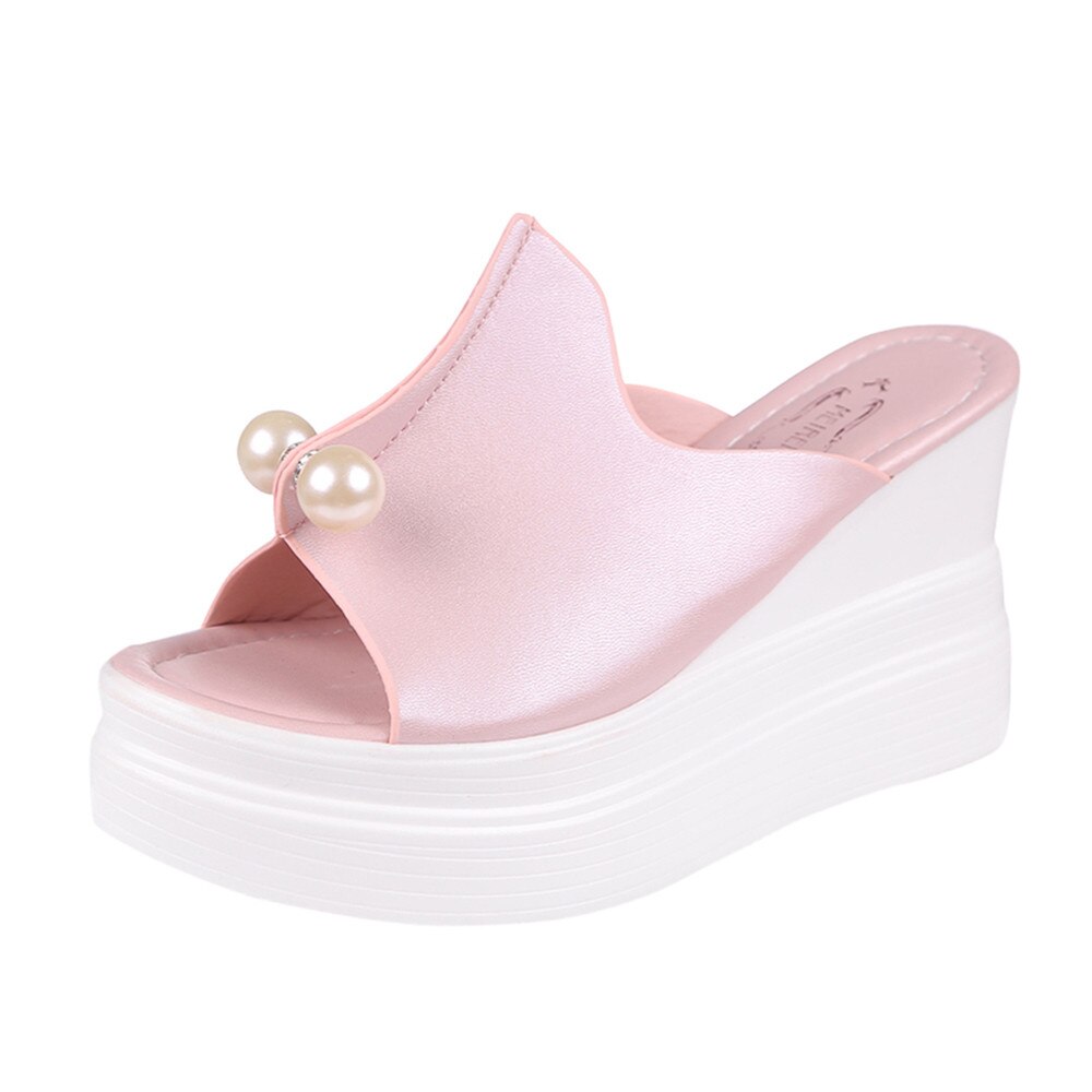Pantoufles pour femmes, chaussures à semelle épaisse, solide perle, chaussures à enfiler à bout ouvert, bonne , collection chaussons pour femmes, collection sandales à talons compensés: Pink / 37