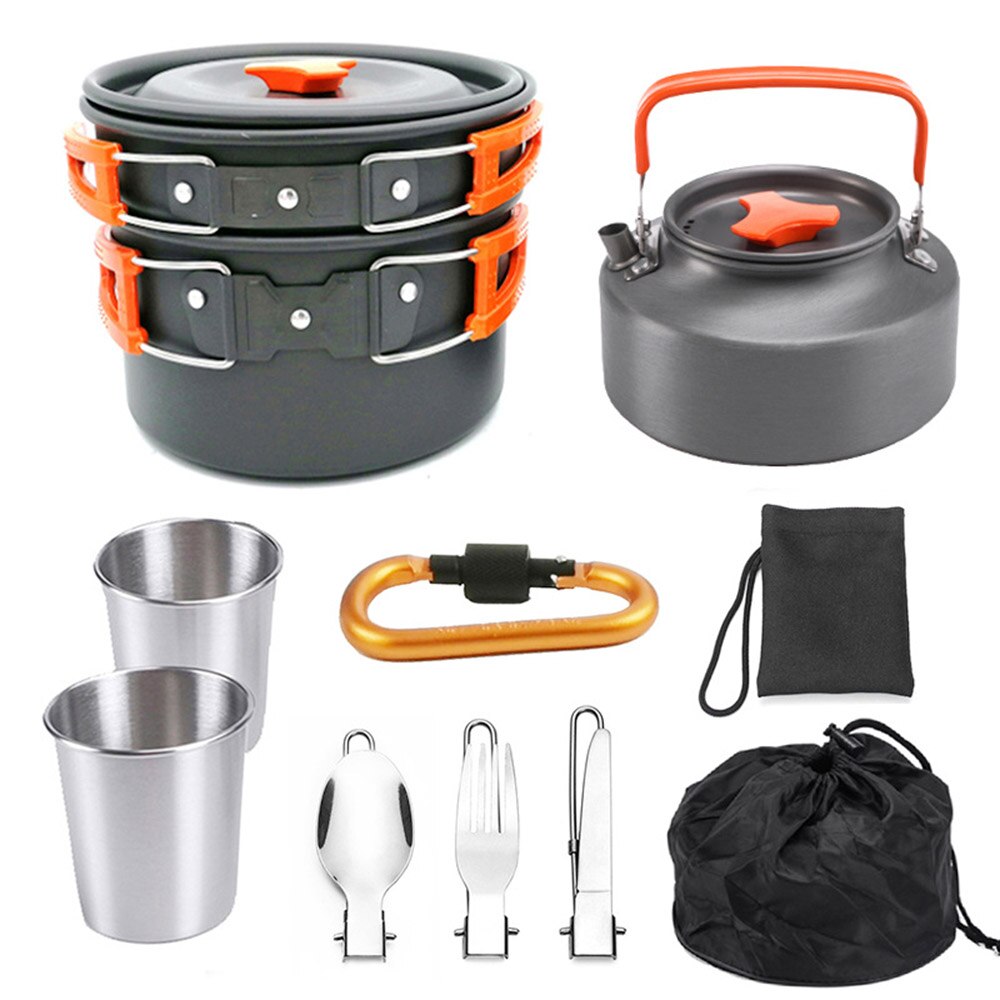 1 Set Outdoor Potten Pannen Camping Kookgerei Picknick Koken Set Non-stick Servies Met Opvouwbare Lepel Vork Mes Ketel cup: orange