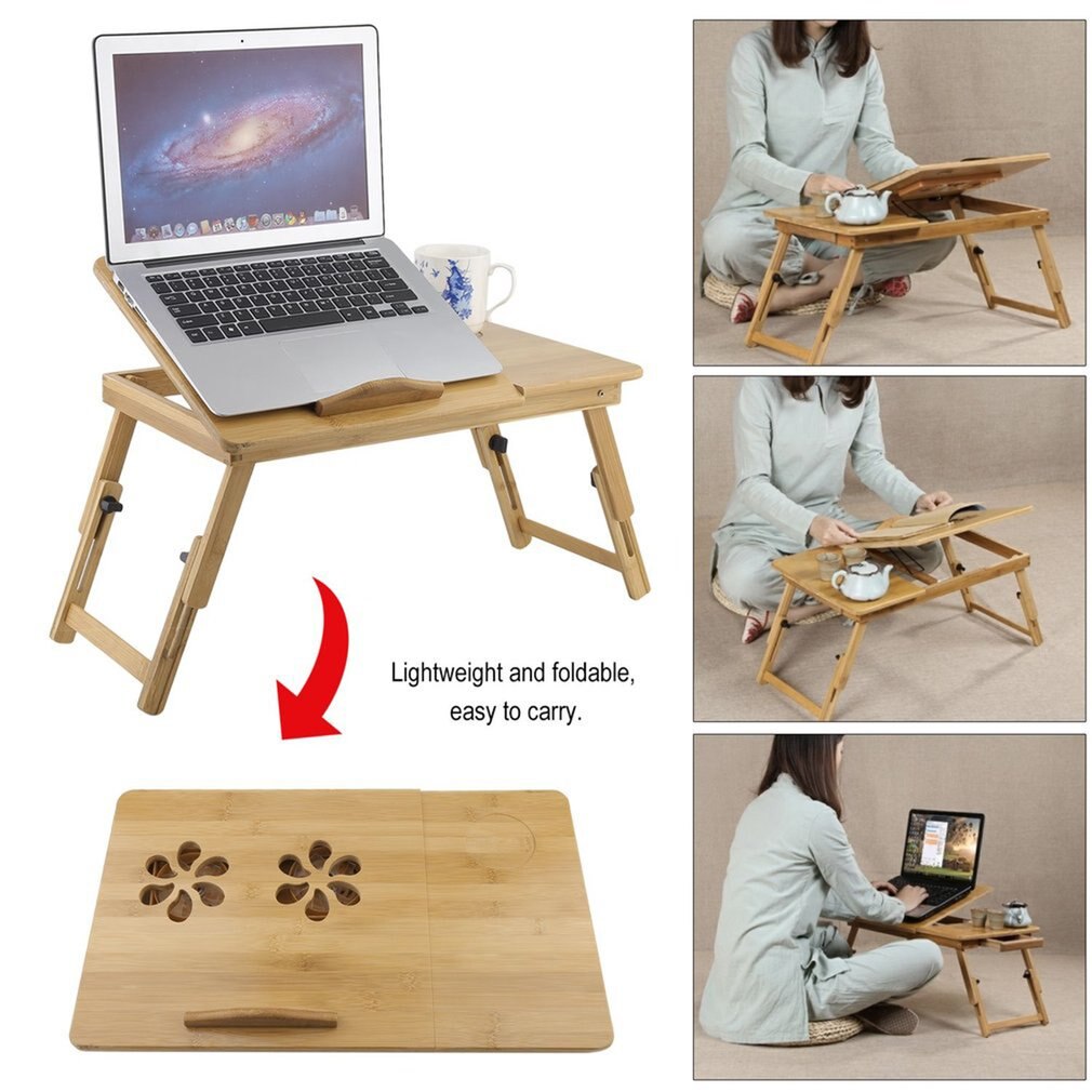 Sammenklappeligt bærbart bambuscomputerstativ bærbart skrivebord med / uden blæserte serveringsseng spisebord bærbar notebook-bord
