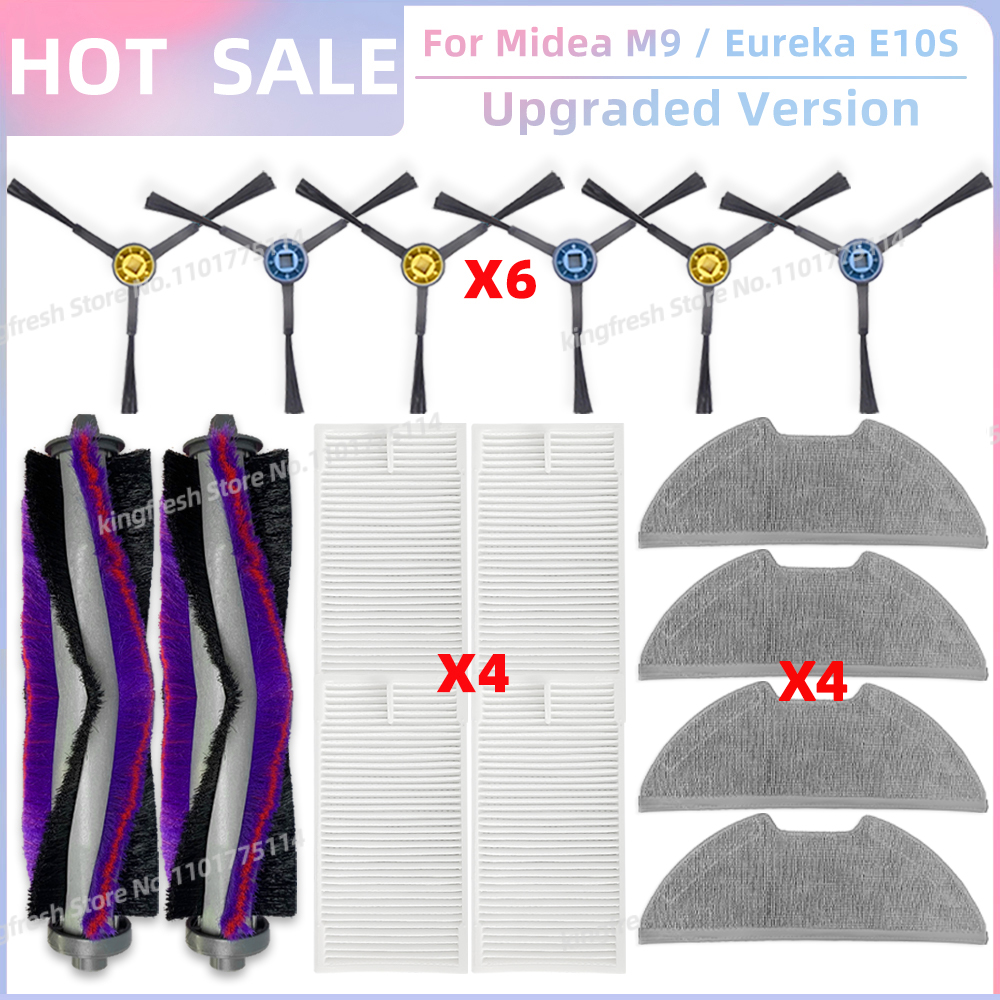 Compatible con ( Midea M9, Eureka E10S, Eureka E20 Plus, Midea VCR S10 Plus, Obode A8 ) Piezas de aspiradora Rodillo principal Cepillo lateral Filtro HEPA Paño de limpieza: Rojo