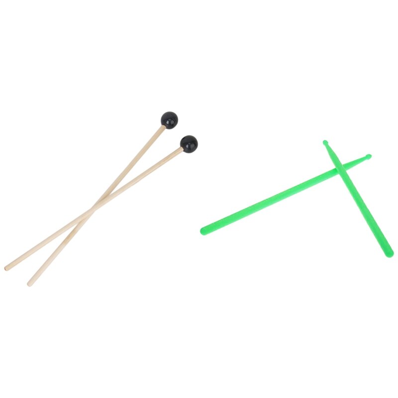 2 Paar Drumsticks: 1 Paar Hardhout Rubberen Hoofd & 1 Paar Nylon Stok Groen