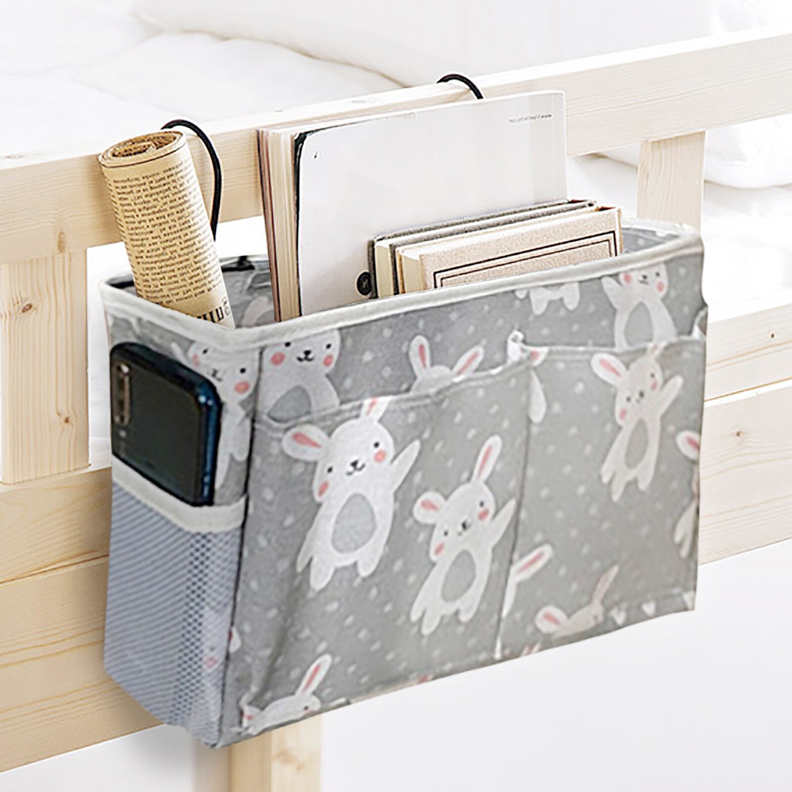 Bed Organizer Couch Hanging Bag Bedside Hanging Bag with Iron hook Fabric Bedside Storage Bag Pockets Gadget Storage Holder Book