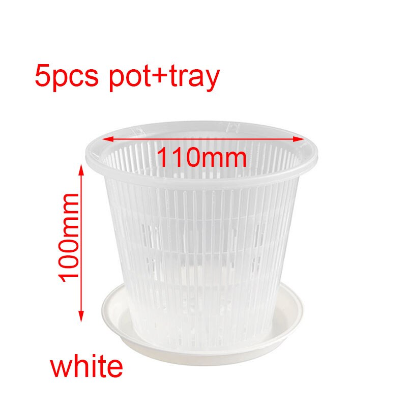 Macetas de plástico transparente para orquídeas, bandeja con agujeros, función de aire, contenedor de crecimiento de raíz, ranuras, Agujero colgante de pared, 5 piezas: 110mm white