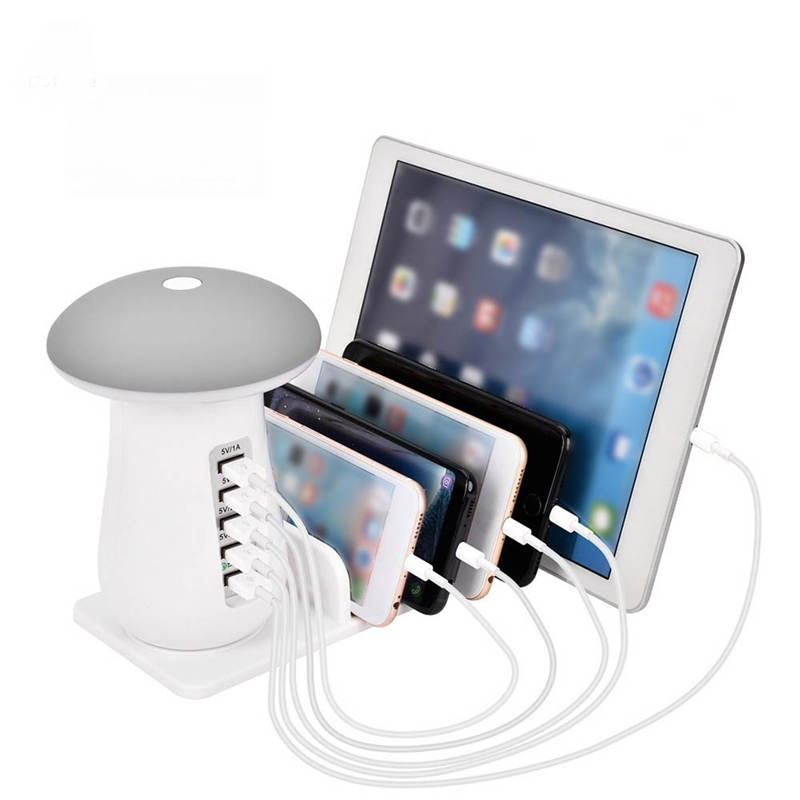 Multi Port USB Quick Charge QC3.0 Fast Charger Station for Iphone Ipad USB Charging Dock Mushroom Led Lamp 5V 2.1A EU US