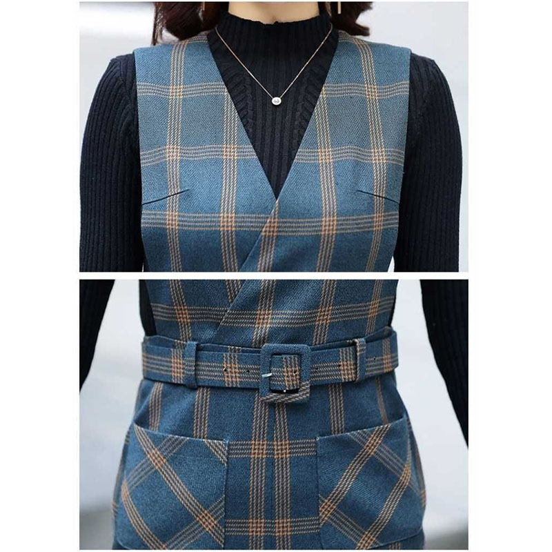 Frauen Frühling Herbst Weste Kleid V-ausschnitt Gurt Kleid Jahrgang Ärmel Tasche Plaid Kleid Weibliche Dünne Gürtel Kleider Vestidos Y547