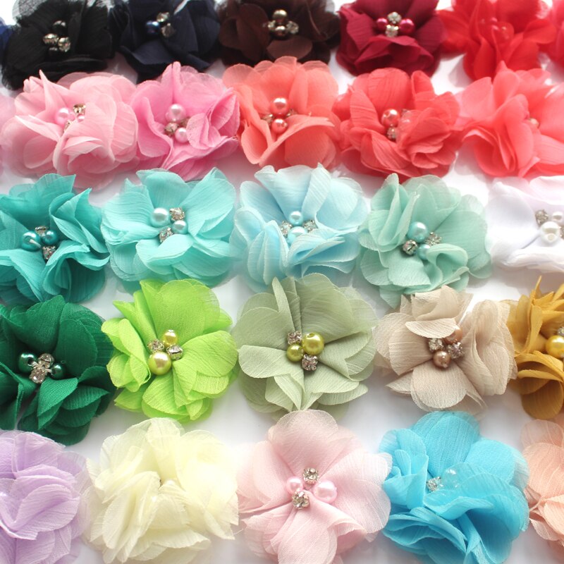 35 Color U Pick 2 Inch Mini Layered Chiffon Fabric Flowers With Pearl Rhinestone DIY Bow Making Supplies ,Two Pearl Two Rhinesto