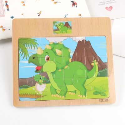 Wooden animal jigsaw baby puzzle children puzzles 3d baby enlightenment early educational toys funny game for kids toddler baby: Green-Dinosaur