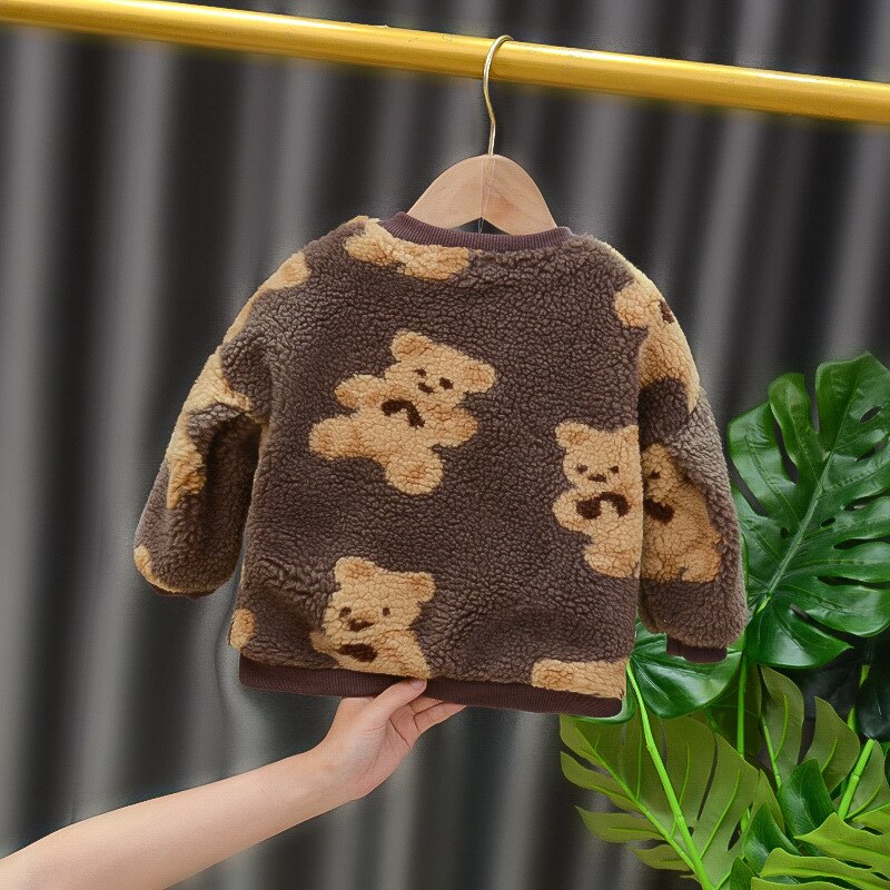 Chaqueta con estampado de oso para niña pequeña, a la abrigo grueso, ropa bonita para mantener el calor, Tops suaves, Otoño e Invierno