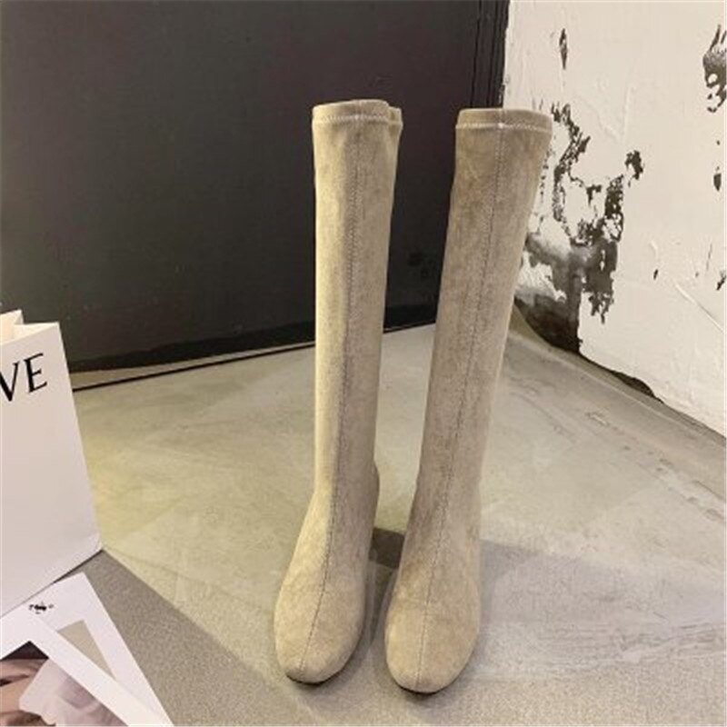 Kvinner lange støvler vårstøvler botas kvinnelige stretch flock slanke støvler sko kvinne svart grå beige roma knehøye støvler