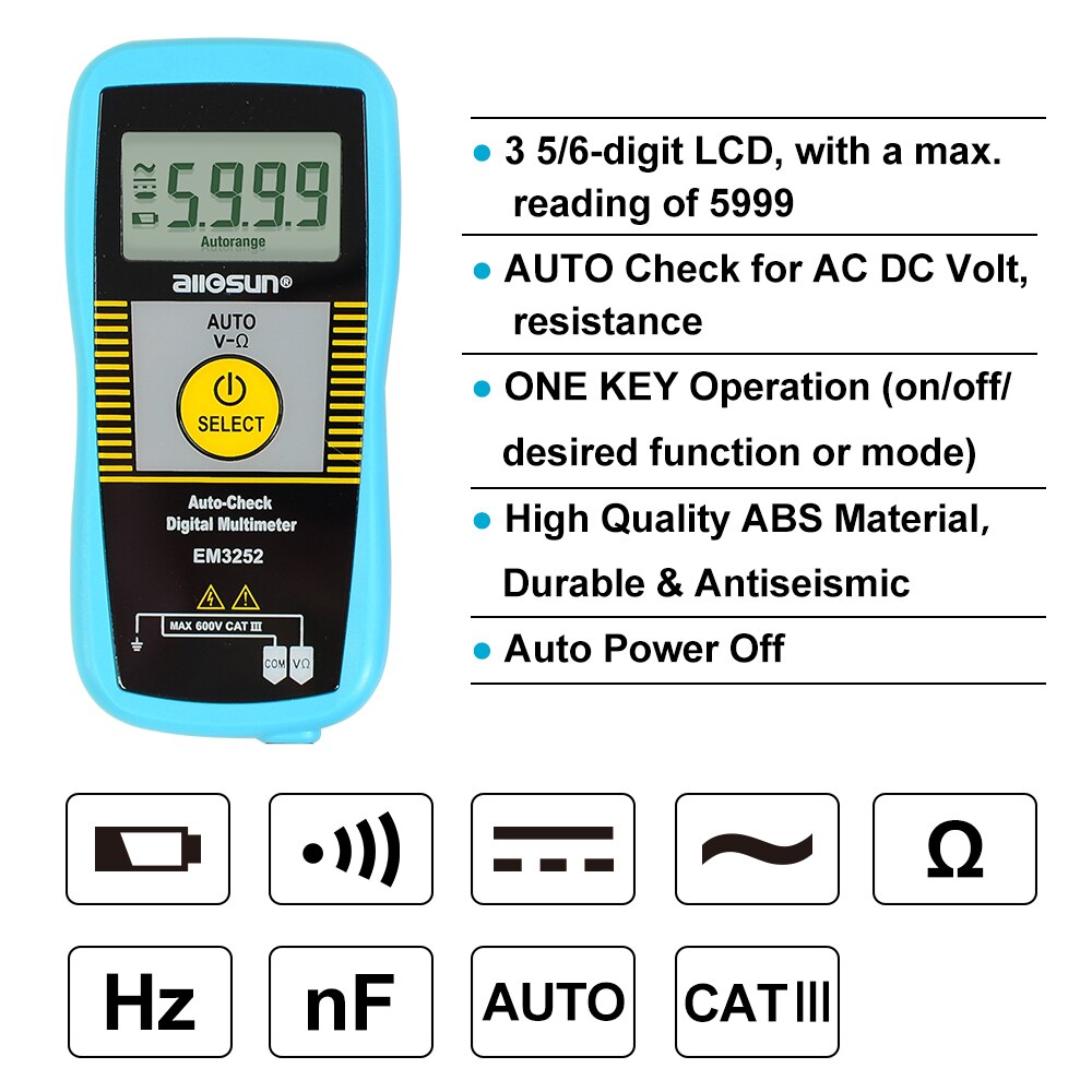 Auto Ranging Digital Multimeter Pocket 7-Modes Voltage Resistance Frequency Capacitance Continuity Tester All-sun EM3252