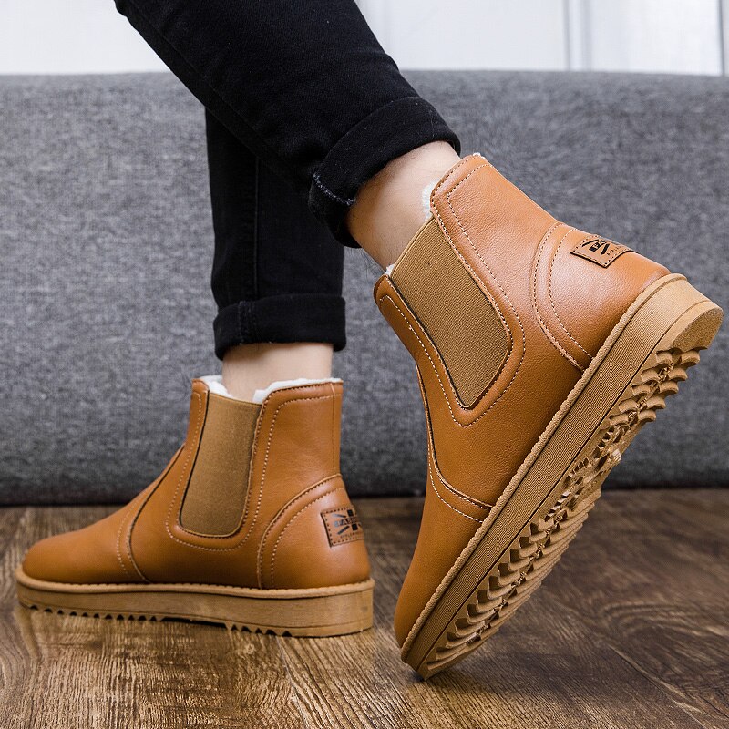 Classic Brand Men Sheepskin Leather Snow Boots Shearling Wool Fur Lined Winter Boots Keep Warm Shoes Waterproof Brown