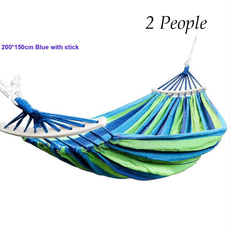 1/2 Mensen Sterke Outdoor Picknick Tuin Hangmat Draagbare Reizen Camping Hangen Bed Schommel Canvas Streep Hangen Bed Meubelen Hangmat: Blue 200X150cm Stick