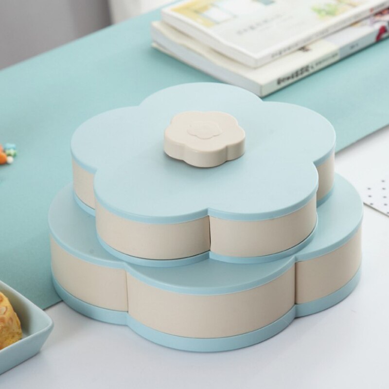 Petal-Shape Rotating Snack Box Candy Drawer Food Storage Box Wedding Candy Plates Double-deck Dried Fruit Folding Snack Bowl: double blue