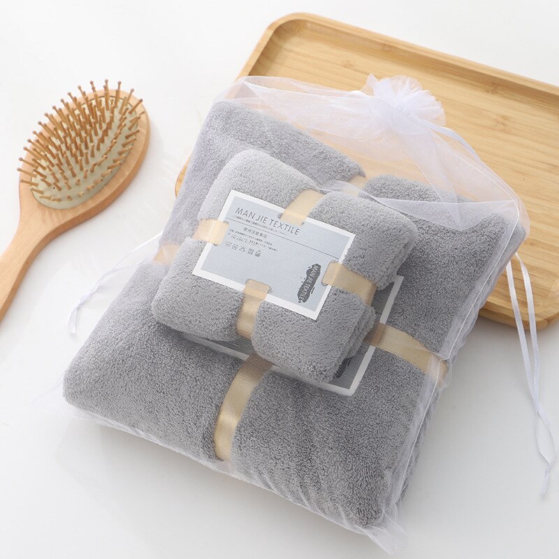 2PCS 70X140cm+35X70cm Solid High Density Coraline Coral Velvet Towel Water Absorption Soft Bathroom Towel Sets for Adults: light gray
