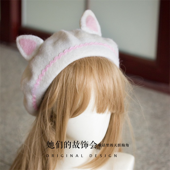 Mori Girl-boinas planas con orejas de gato para mujer, gorro de pintor de lana, Vintage, cálido, para Otoño e Invierno: 02