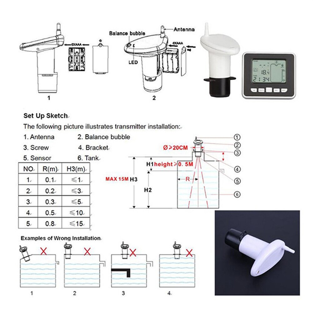 Ultrasone tankniveau-indicator nauwkeurige batterijgevoede water elektronische multifunctionele meetinstrumenten buiten tijdalarm