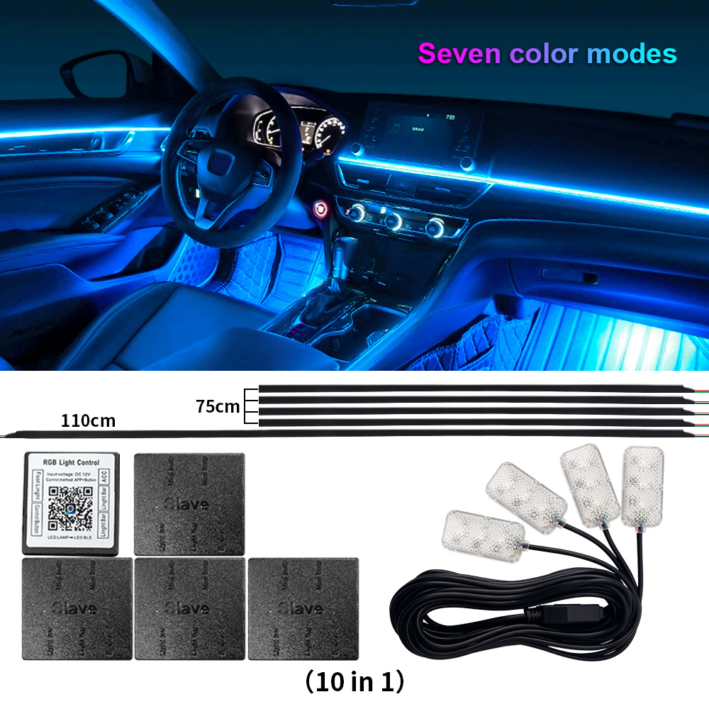 18 in 1 Dual Zone Symphony Streamer Car Ambient Light Interior LED Full Color RGB Neon Acrylic Strip Atmosphere Lighting Kit App: DEEP BLUE