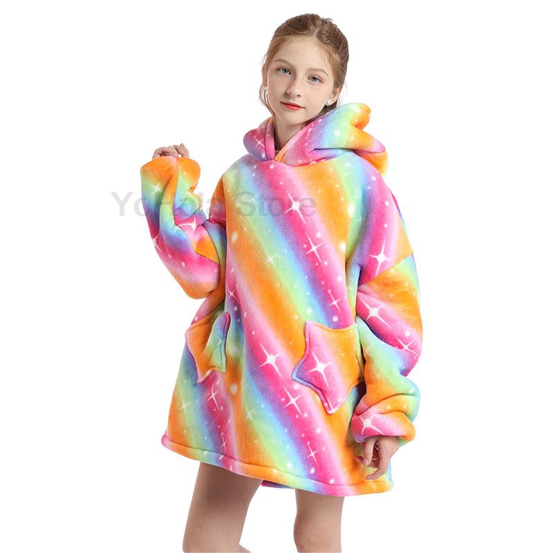 Volledige Mouwen Winter Badjas Fleece Hooded Cartoon Regenboog Eenhoorn Peuter Meisjes Pyjama Sofa Super Warm Wearable Deken Hoodie