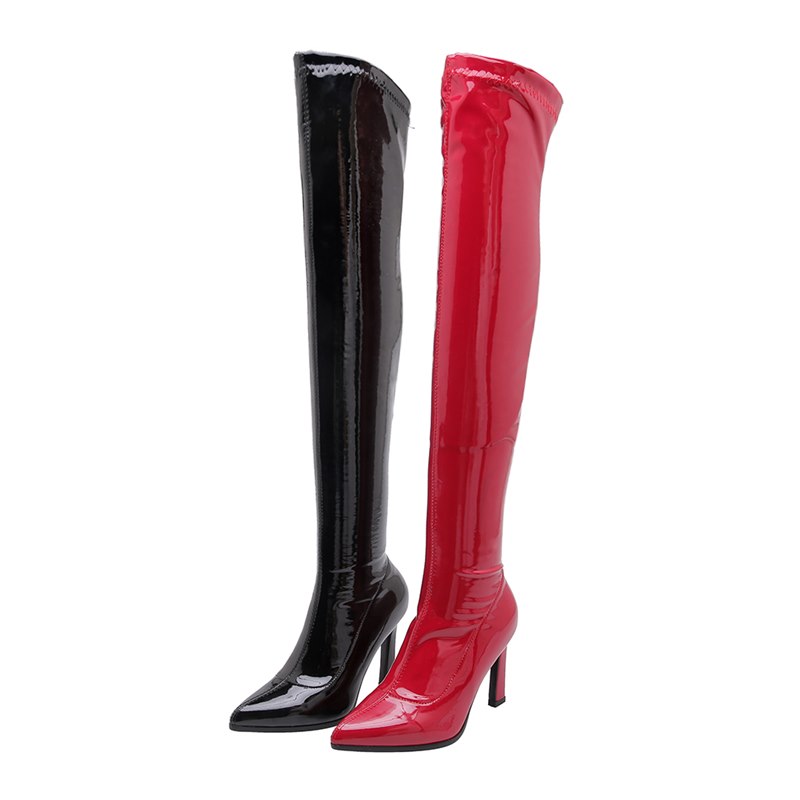 Morazora Grote Maat 34-43 Lakleer Stretch Laarzen Vrouwen Hoge Hakken Over De Knie Laarzen Herfst Winter dij Hoge Laarzen