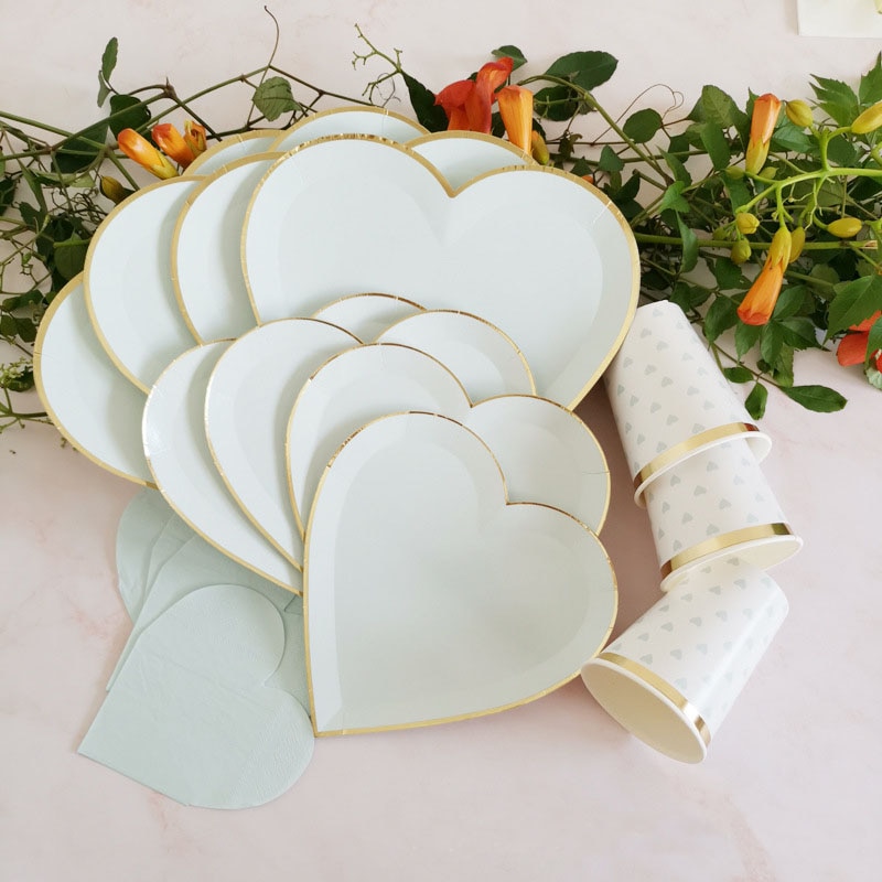 Bruiloftsdecoratie, feestbenodigdheden, wegwerpservies, verjaardagsfeestdecoratie, blauwe hartvormige papieren borden, papieren bekertjes