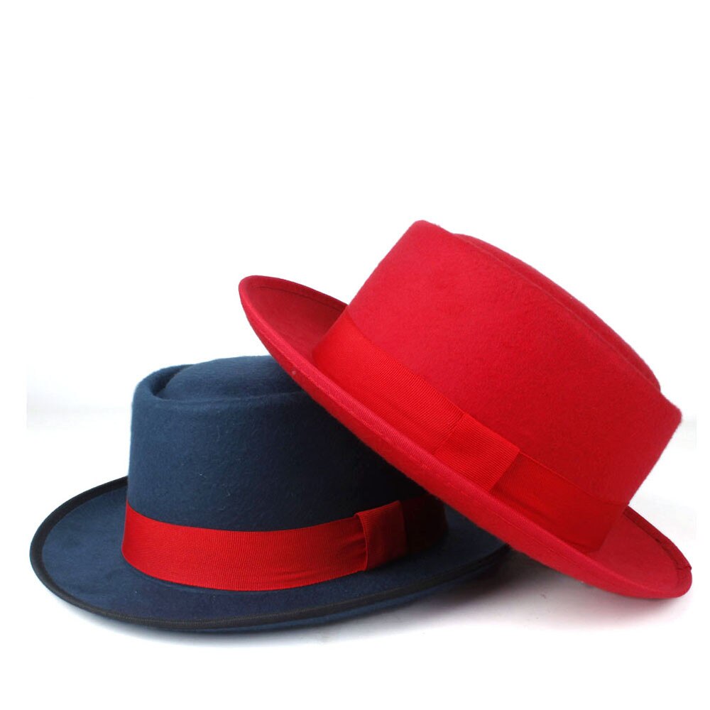 Unisex Men Women Pork Pie Hat with Red Ribbon Pop Jazz Hat Wool Flat Fedora Hat Size 58CM