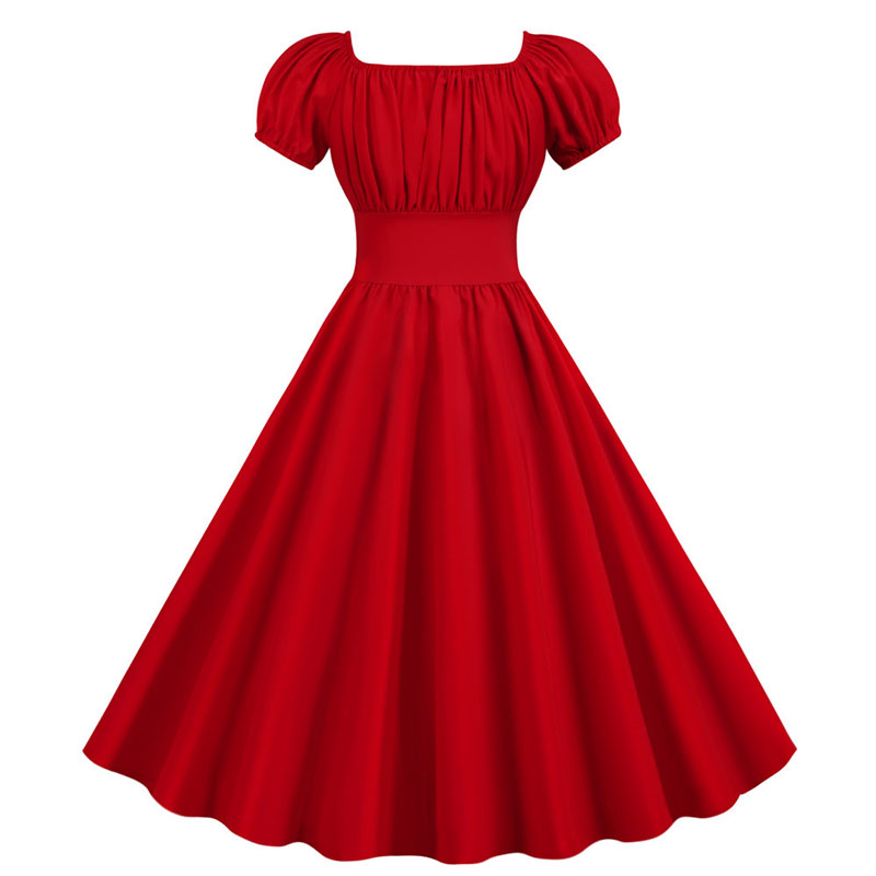 Women Vintage Dress Robe Party Casual Office Midi Dress Femme Summer Puff Sleeve Square Collar Solid Red