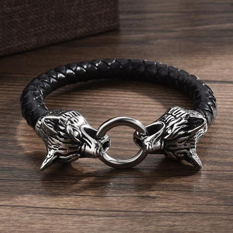 Bracciale testa di lupo vichingo catena di corda di cuoio doppio anello di morso testa di lupo bracciale per uomo amuleto regalo gioielli vichinghi