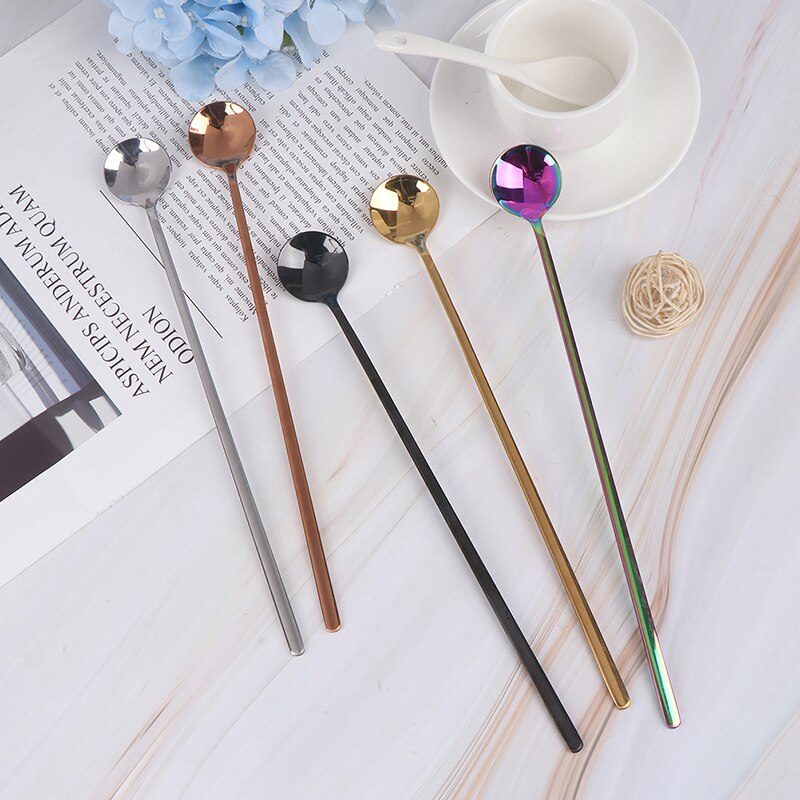 1Pc 24cm Long Handled Stainless Steel Ice Cream Dessert Tea Spoon Colorful Coffee Spoon Dinnerware Flatware Kitchen Tools
