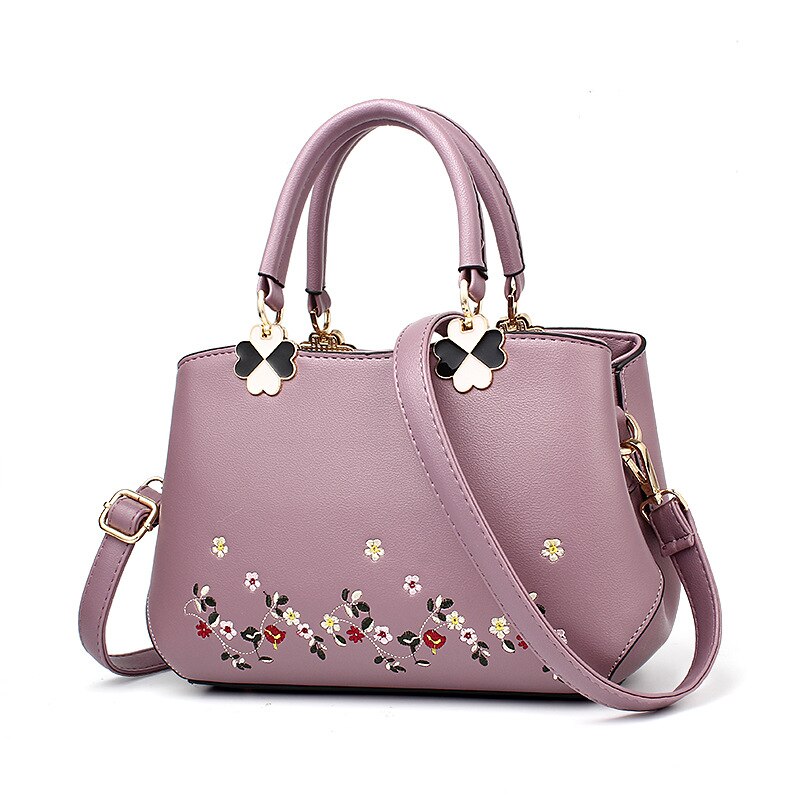 Women Bag Women Leather Handbag Women Shoulder Bag Crossbody Handbag Big Boston Flower Embroideried Rivets Chinese Style: Purple