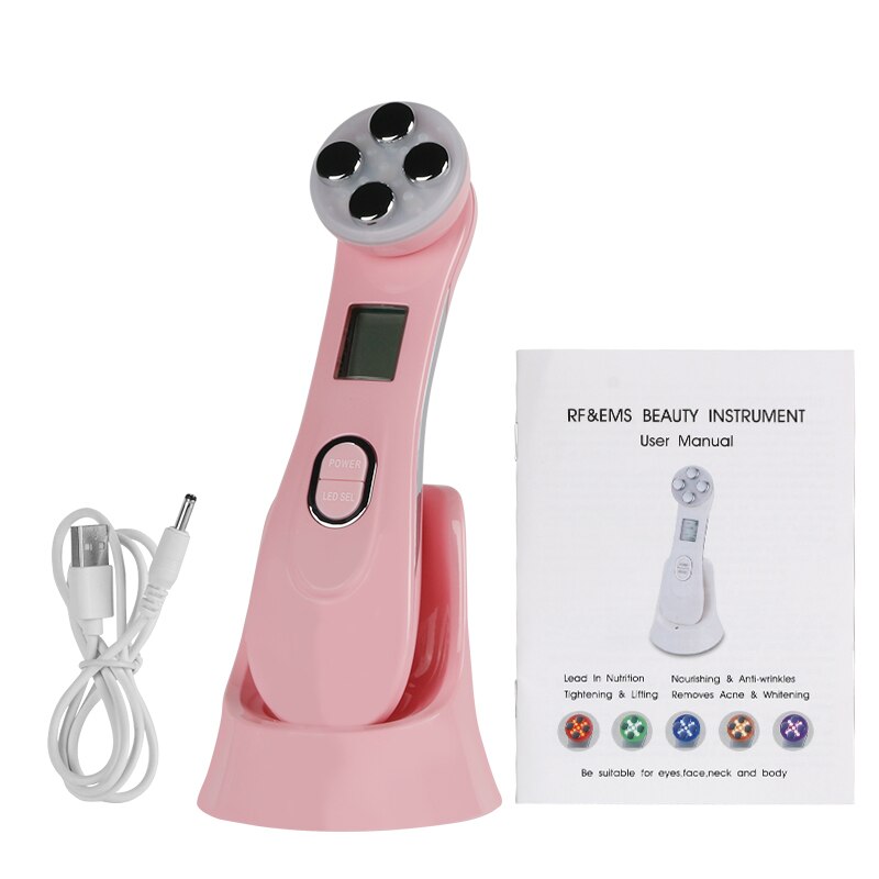 Mesoterapia electroporación LED terapia de luz de fotones RF EMS rejuvenecimiento de la piel máquina de belleza de masaje para estiramiento facial: Pink No Box
